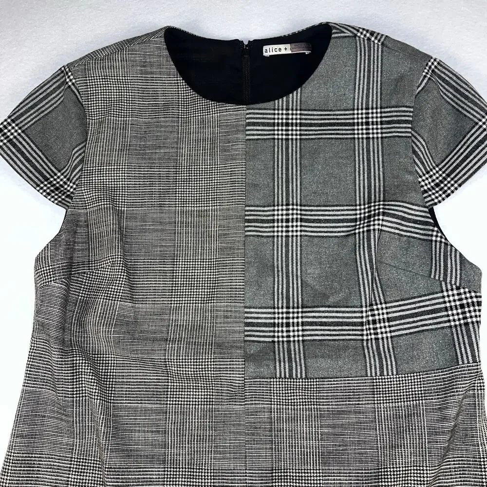 Alice + Olivia Coley Plaid Patchwork Mini Shift Dress Grey Wool Blend Size 12